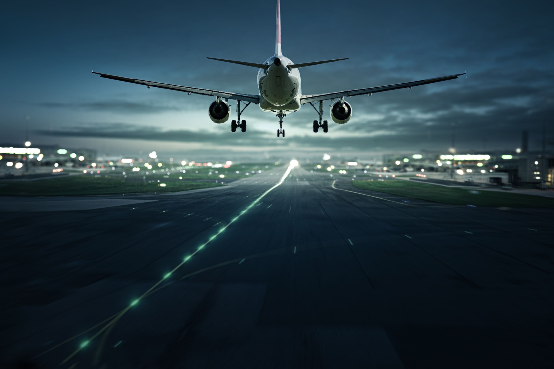 Airplane landing at night